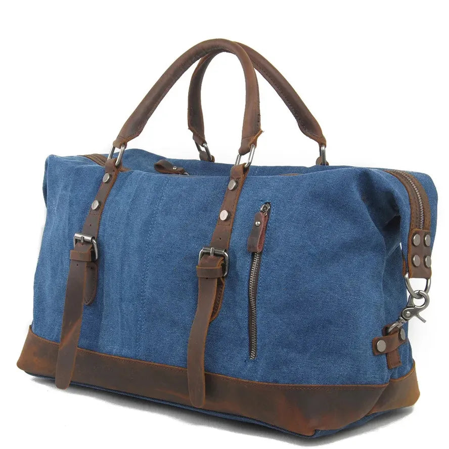 HKM-219539 High Capacity Canvas Shoulder Duffel Bag - Travel Tote with Cowhide Accents