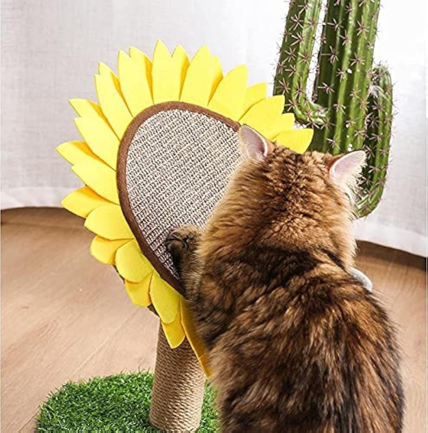 HKM-810451 Sunflower Cat Scratching Post with Sisal-Covered Pole and Grass Base for Indoor Cats