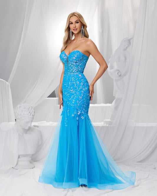 HKM-583571 Elegant Blue Evening Gown with Exquisite Detailing for Women