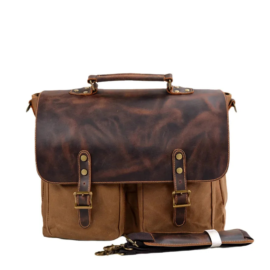 HKM-857939 Large Capacity Retro Canvas Crossbody Shoulder Bag with Crazy Horse Skin for 15.6-inch Laptop