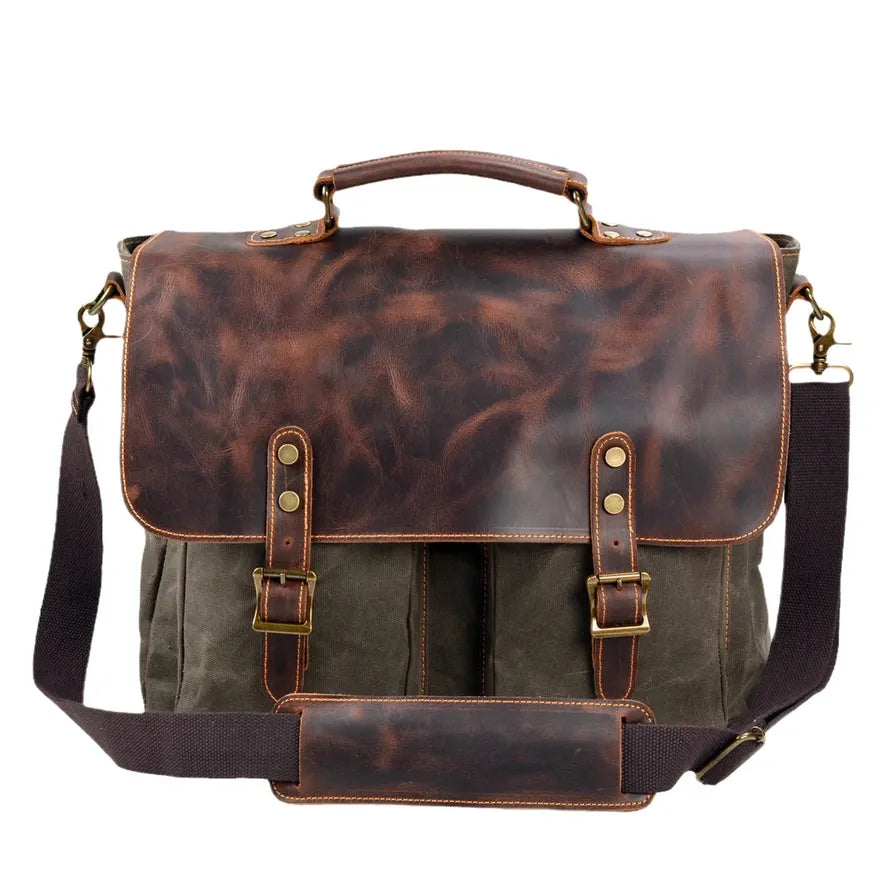 HKM-857939 Large Capacity Retro Canvas Crossbody Shoulder Bag with Crazy Horse Skin for 15.6-inch Laptop