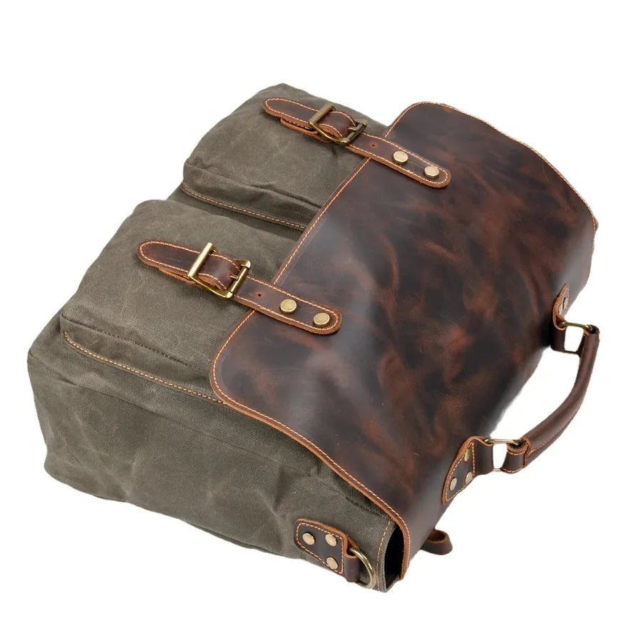 KTX-926419 Large Capacity Retro Canvas Crossbody Shoulder Bag with Crazy Horse Skin for 15.6-inch Laptop