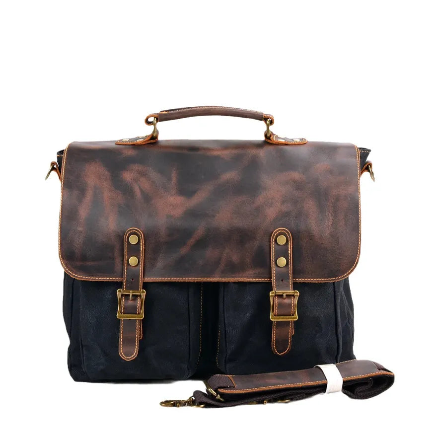 HKM-857939 Large Capacity Retro Canvas Crossbody Shoulder Bag with Crazy Horse Skin for 15.6-inch Laptop
