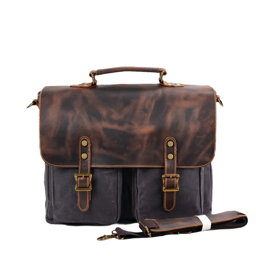 HKM-857939 Large Capacity Retro Canvas Crossbody Shoulder Bag with Crazy Horse Skin for 15.6-inch Laptop