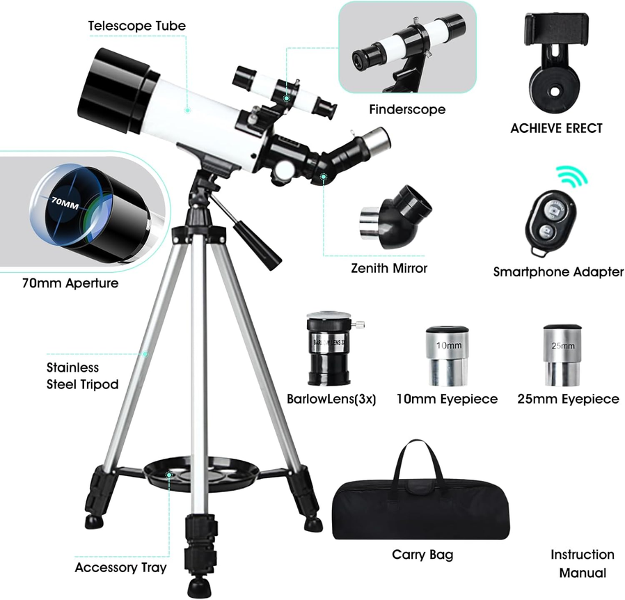 HKM-040659 Multi-Coated Refracting Telescope with Wireless Remote for Children and Beginners