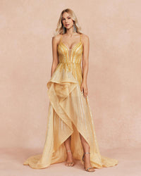 HKM-595923 Elegant Golden Evening Dress for Women - Stylish Formal Wear for Special Occasions