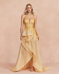 HKM-595923 Elegant Golden Evening Dress for Women - Stylish Formal Wear for Special Occasions