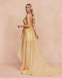 HKM-595923 Elegant Golden Evening Dress for Women - Stylish Formal Wear for Special Occasions