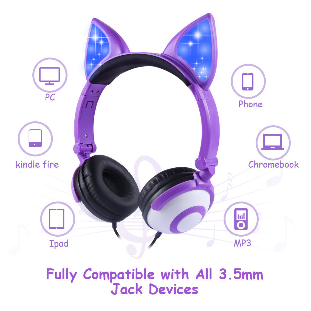 KTX-148307 LED Cat Ear Headphones with Flashing Lights for MP3, Tablet, and 3.5mm Devices