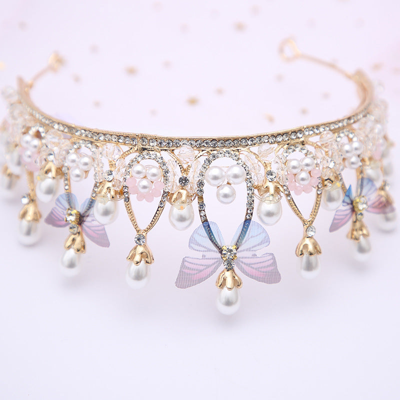 HKM-830931 Children's Crown Headband with Diamond Butterfly Design and Crystal Accents
