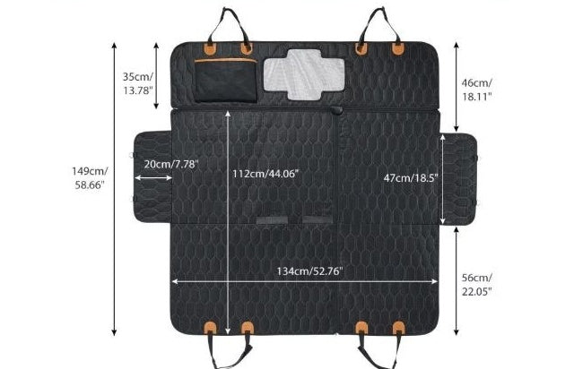 HKM-910867 Three-in-One Machine Washable Travel Car Mat for Cats and Dogs, Black Cloth Seat Cushion, 137*149 cm