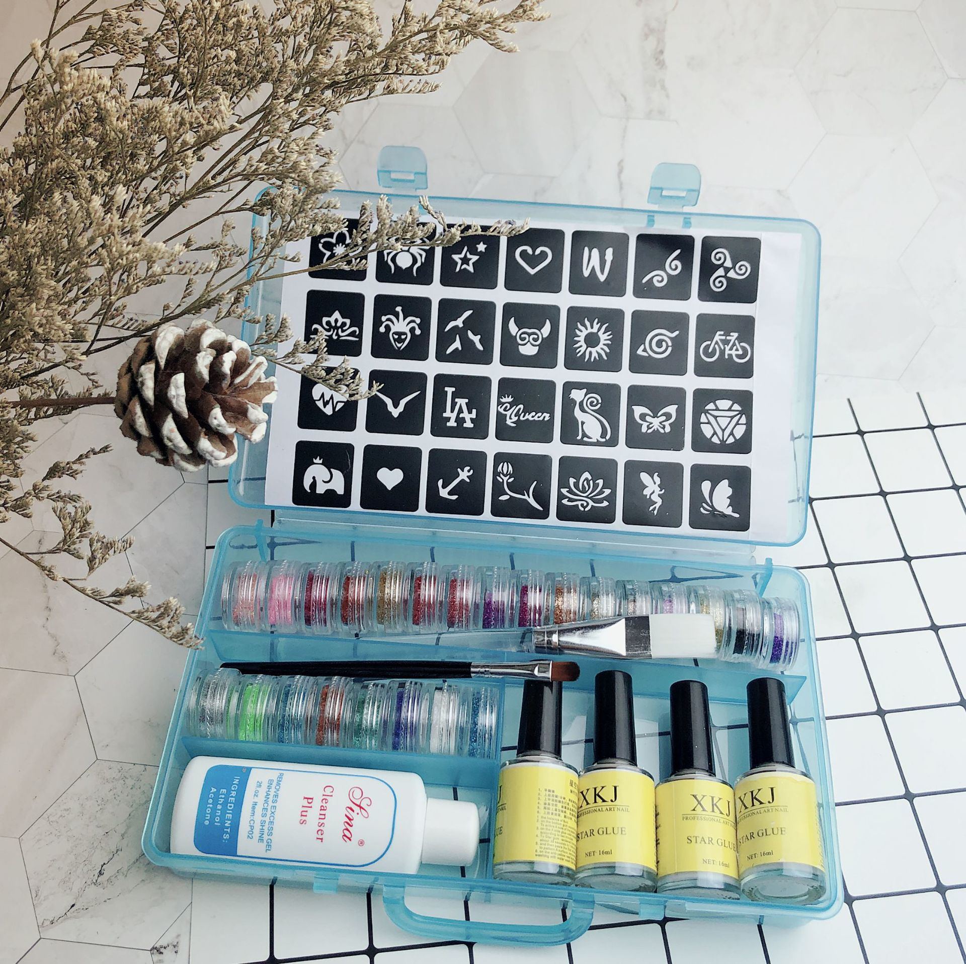 HKM-602195 Fantasy Gold Powder Temporary Tattoo Paste Set with 30 Color Flash Powders and 6 Luminous Powders