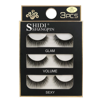 HKM-664595 Natural 3D Mink Eyelashes - 3 Pairs of Handcrafted Long False Lashes with Cotton Stems
