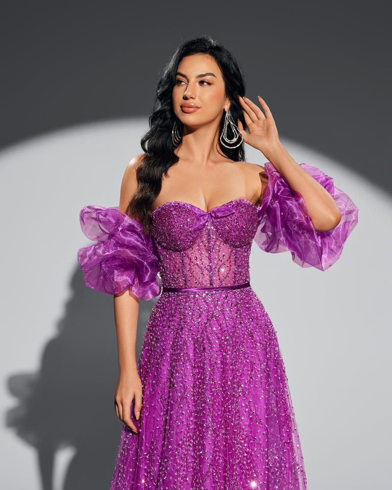 HKM-529235 Elegant Women’s Purple Evening Gown with Exquisite Detailing