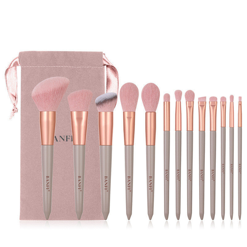 HKM-567123 13-Piece Makeup Brush Set with Wooden Handles and Cloth Bag for All Seasons