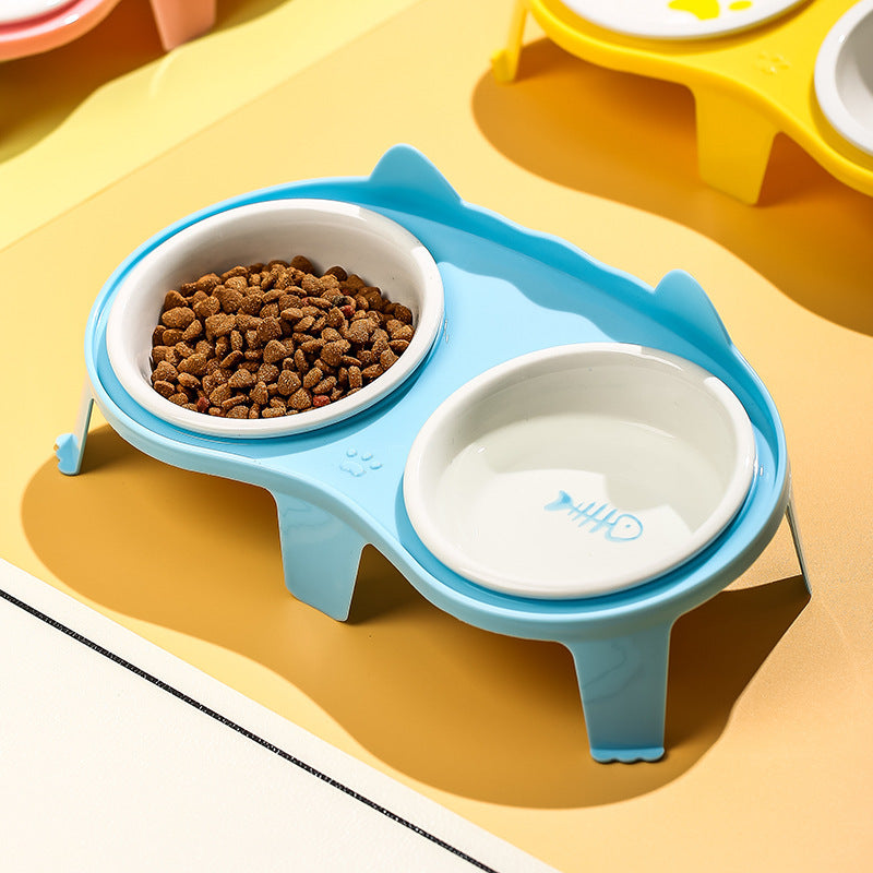 HKM-662419 Elevated Tilted Ceramic Cat Food and Water Bowl Set with Stand for Comfortable Feeding