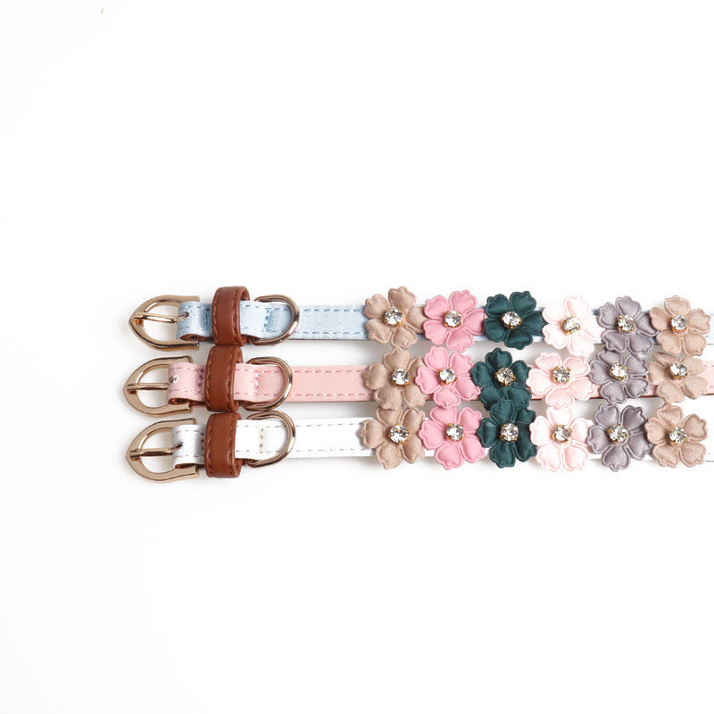 HKM-088595 Flower Dog Collar with Rhinestones - PU Material, Available in Blue, Black, White & Pink, 1.3cm Width, Adjustable Length 34-42cm