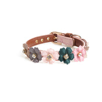 HKM-088595 Flower Dog Collar with Rhinestones - PU Material, Available in Blue, Black, White & Pink, 1.3cm Width, Adjustable Length 34-42cm