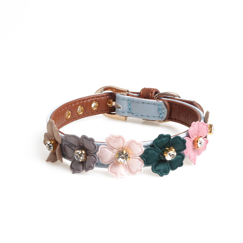 HKM-088595 Flower Dog Collar with Rhinestones - PU Material, Available in Blue, Black, White & Pink, 1.3cm Width, Adjustable Length 34-42cm