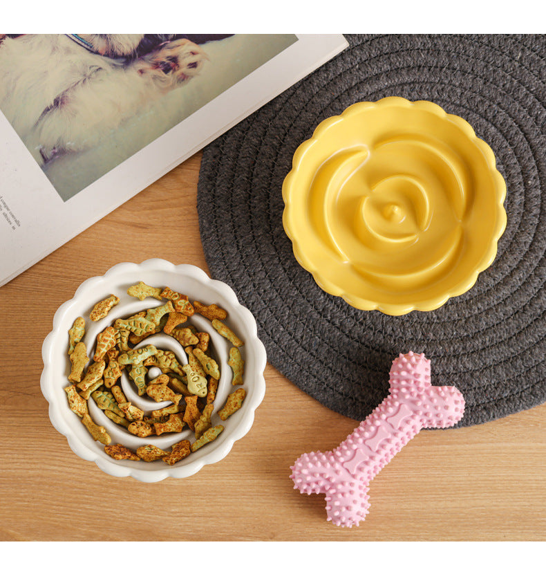 HKM-734355 Elevated Ceramic Pet Slow Feed Dish with Flower Pool Design for Cats and Small Dogs
