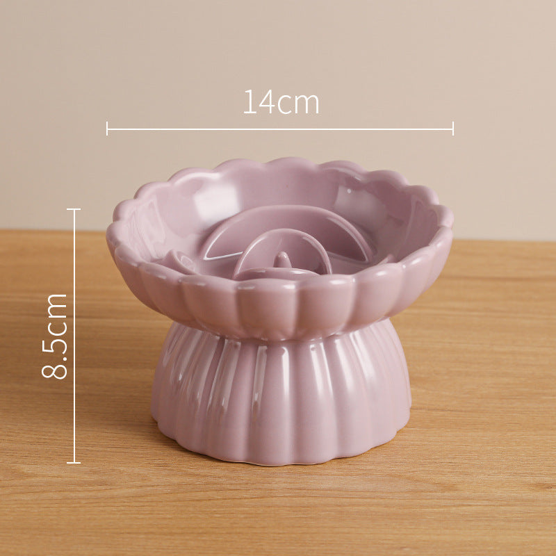 HKM-734355 Elevated Ceramic Pet Slow Feed Dish with Flower Pool Design for Cats and Small Dogs