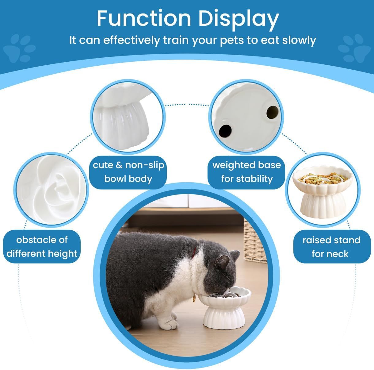 HKM-734355 Elevated Ceramic Pet Slow Feed Dish with Flower Pool Design for Cats and Small Dogs