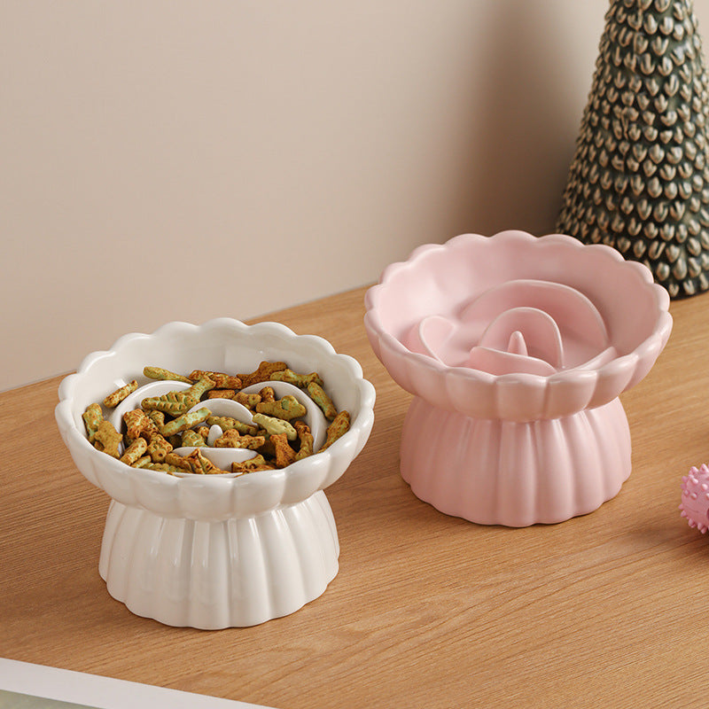 HKM-734355 Elevated Ceramic Pet Slow Feed Dish with Flower Pool Design for Cats and Small Dogs