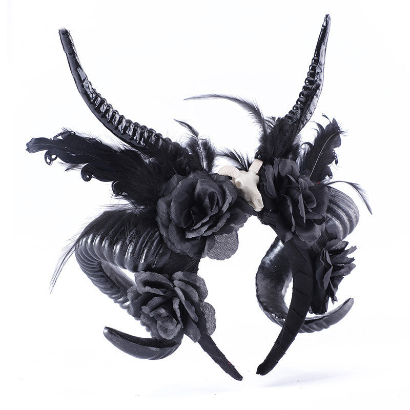 HKM-145107 Dark Antelope Horn Headdress with Black Flower Accent for Halloween Cosplay