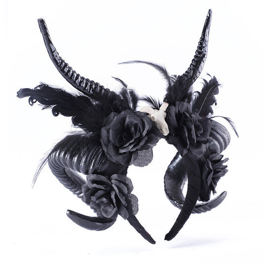HKM-145107 Dark Antelope Horn Headdress with Black Flower Accent for Halloween Cosplay