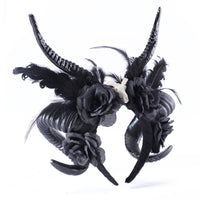 HKM-145107 Dark Antelope Horn Headdress with Black Flower Accent for Halloween Cosplay