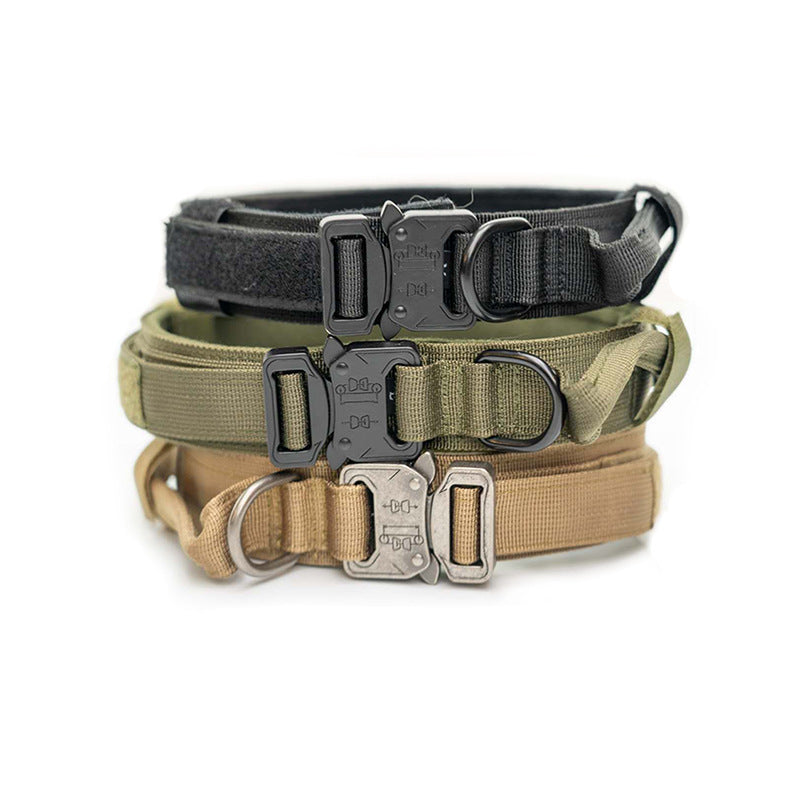 HKM-608275 Tactical Nylon Dog Collar for Large Breeds - Adjustable Size M, L, XL in Black, Army Green, Khaki