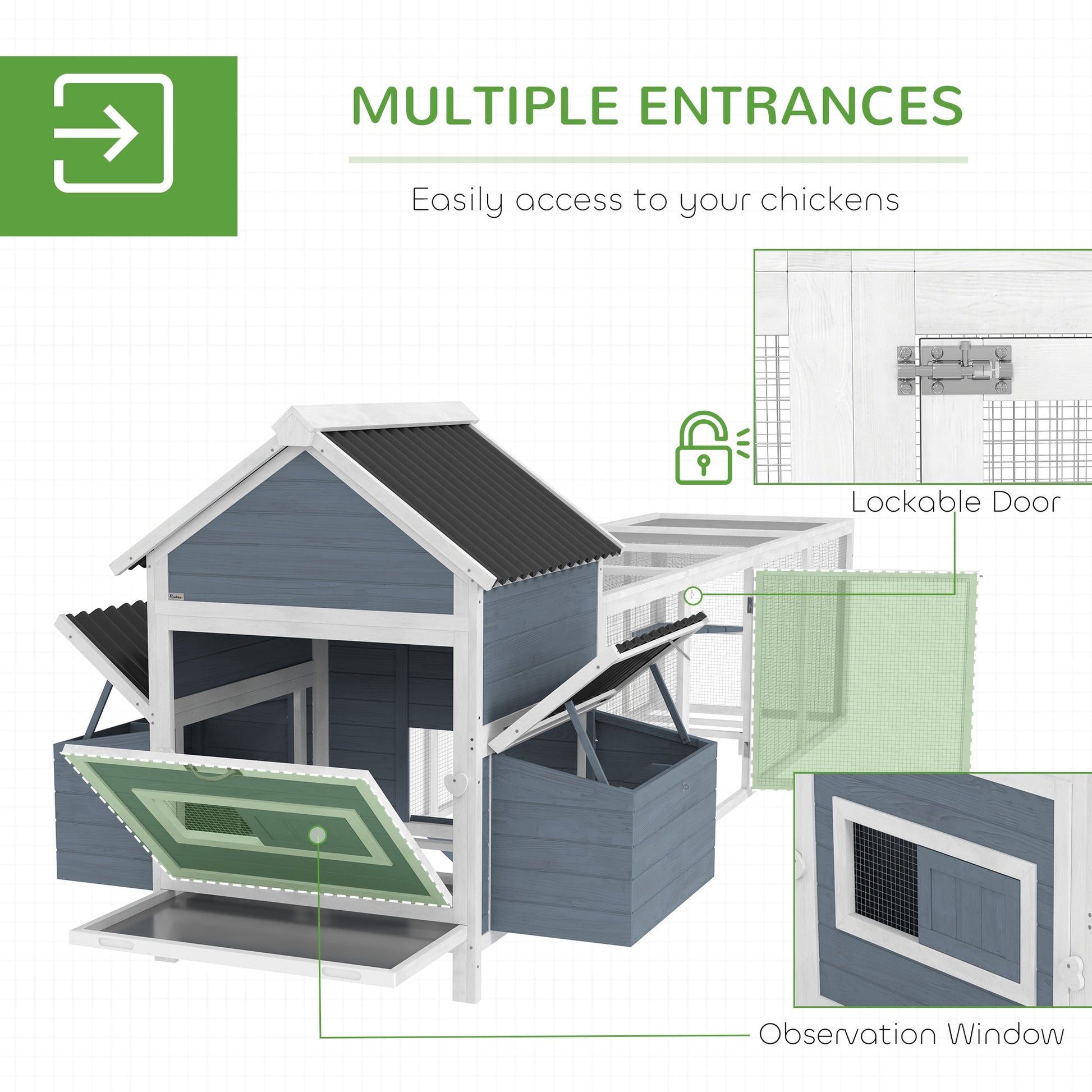 HKM-760531 Extra Large Wooden Chicken Coop with 2 Nesting Boxes, Run Cage, and Waterproof Roof for 10-15 Chickens in Light Gray