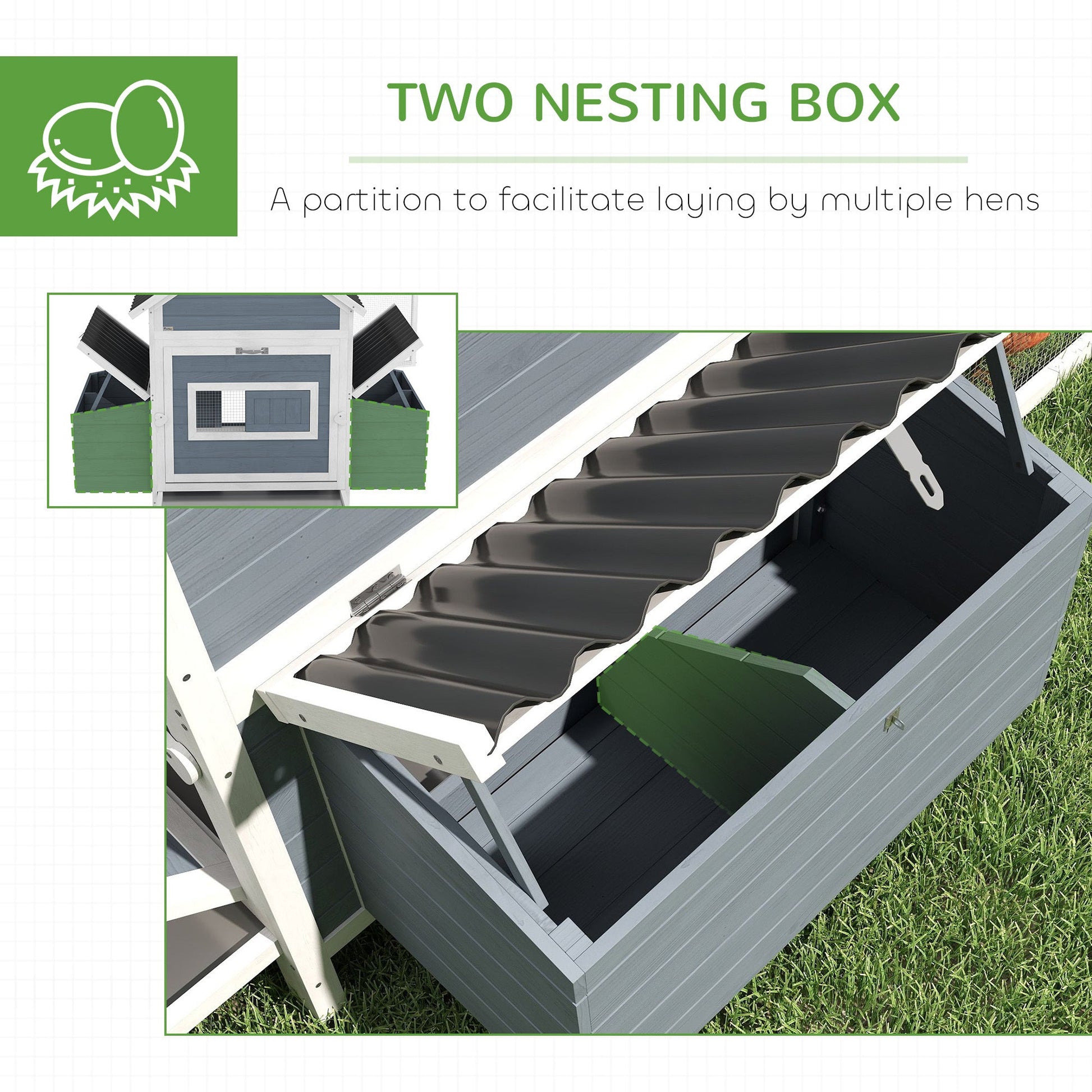 HKM-760531 Extra Large Wooden Chicken Coop with 2 Nesting Boxes, Run Cage, and Waterproof Roof for 10-15 Chickens in Light Gray
