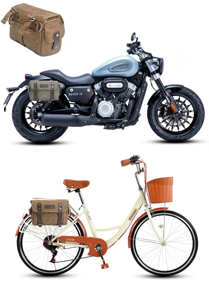 KTX-581587 Waterproof Motorcycle Side Car Head Car Lock Bag - Heavy Duty Waxed Canvas and Leather Riding Rear Seat Messenger Bag