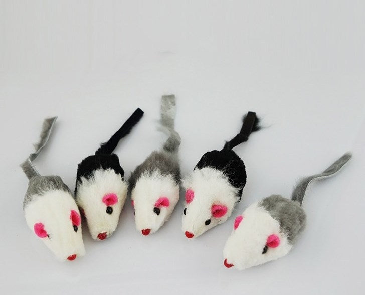 HKM-385619 Natural Rabbit Hair Fake Mouse Cat Toy - 5 Pack