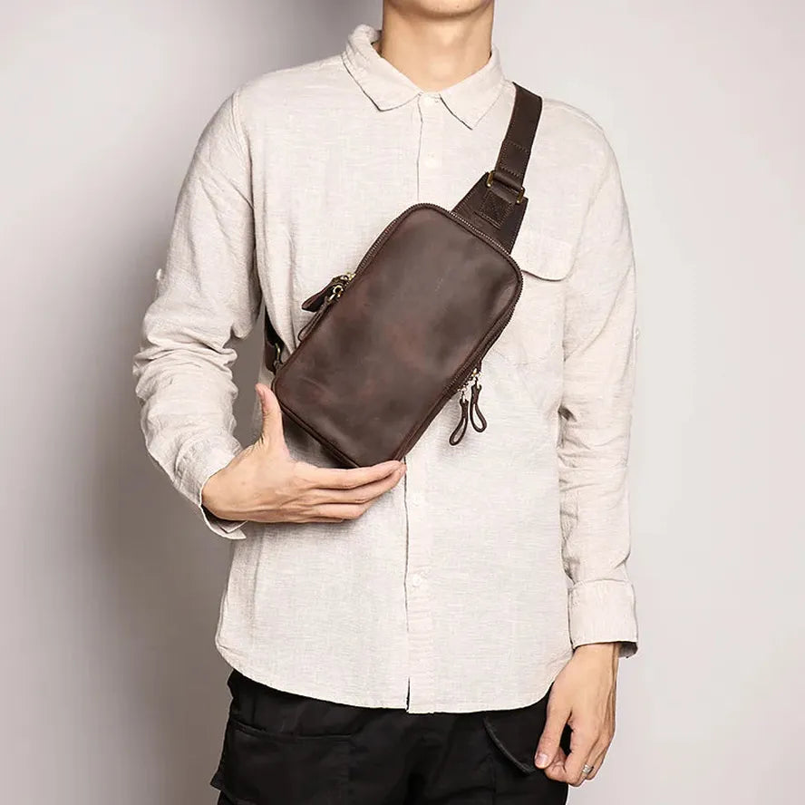 HKM-091219 Men's Casual Leather Chest Bag with Large Capacity in Brown and Coffee