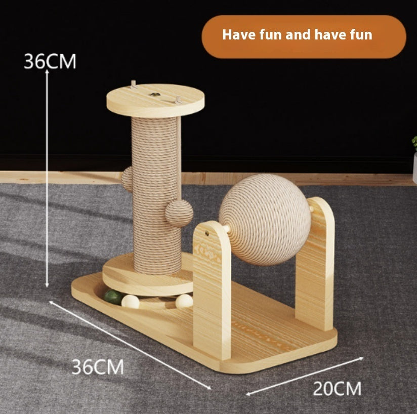 HKM-511891 Scratch-Resistant Wooden Cat Toy Pillar with Double Turntables and Nesting Design
