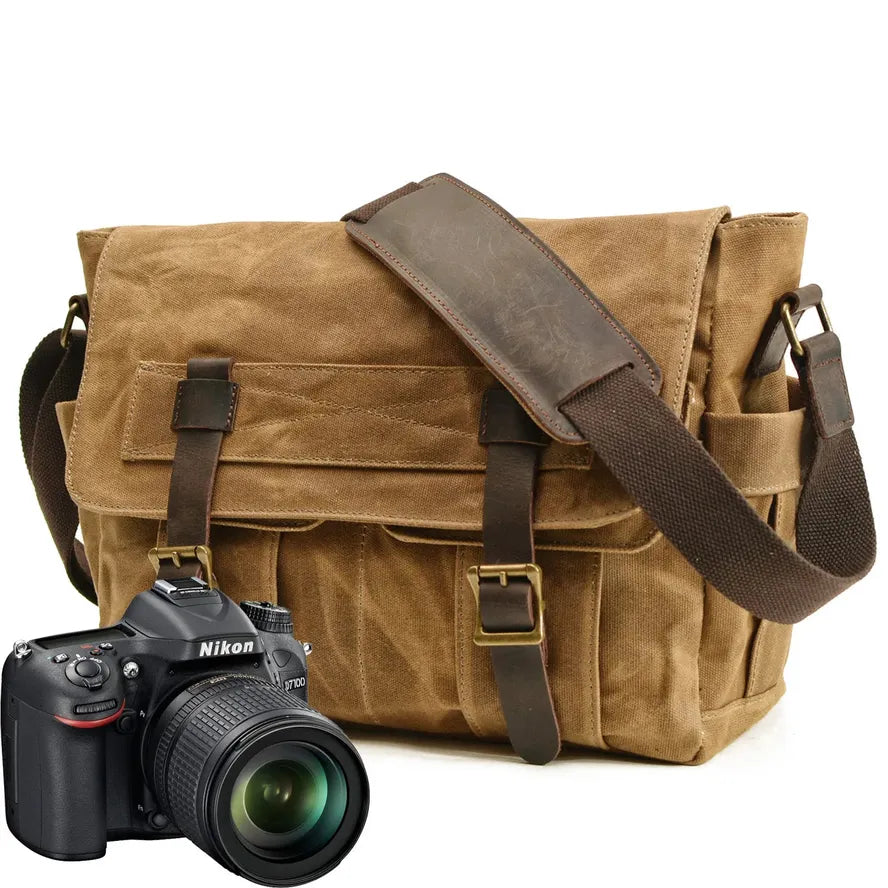 KTX-499091 Waterproof Waxed Canvas Messenger Bag with Leather Accents for Travel and Outdoor Use