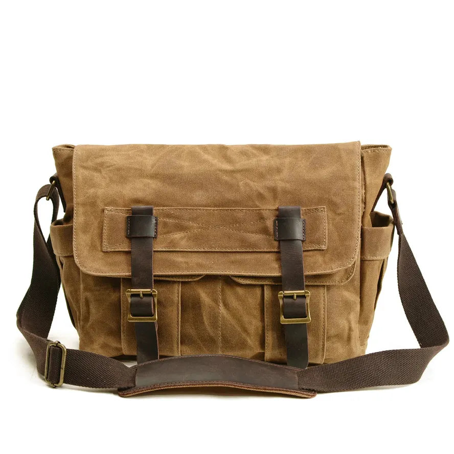 KTX-499091 Waterproof Waxed Canvas Messenger Bag with Leather Accents for Travel and Outdoor Use