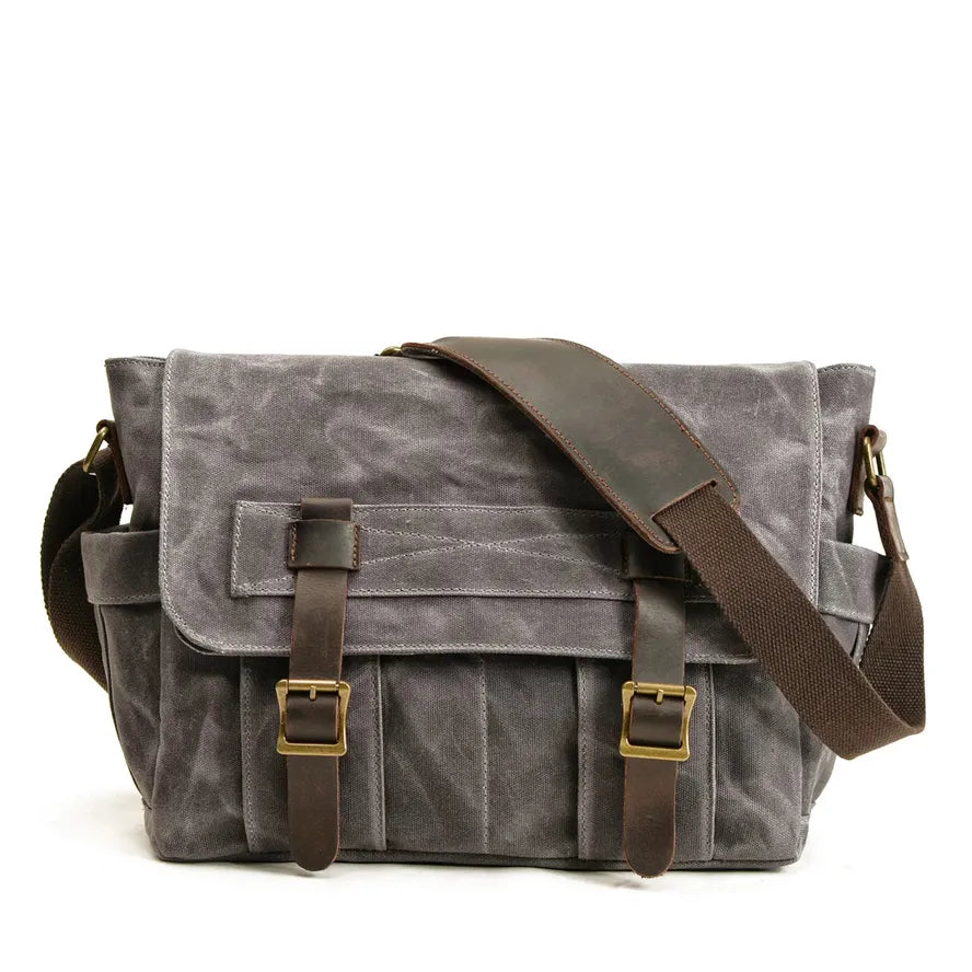 KTX-499091 Waterproof Waxed Canvas Messenger Bag with Leather Accents for Travel and Outdoor Use