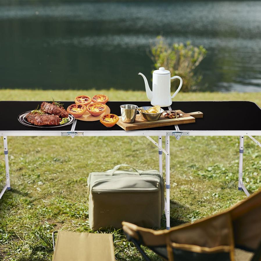HKM-007891 6ft Black Aluminum Alloy Tri-Fold Outdoor Folding Table, 50kg Weight Capacity