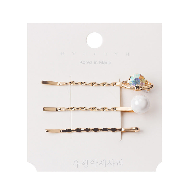 HKM-214099 Three-Piece Set of Geometric Pearl Wave Hairpins in Metal