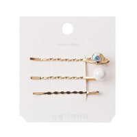 HKM-214099 Three-Piece Set of Geometric Pearl Wave Hairpins in Metal