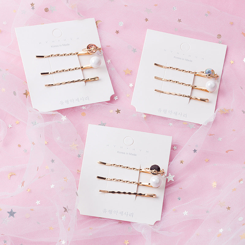 HKM-214099 Three-Piece Set of Geometric Pearl Wave Hairpins in Metal