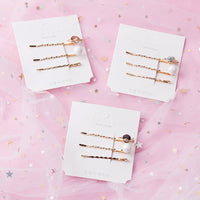 HKM-214099 Three-Piece Set of Geometric Pearl Wave Hairpins in Metal