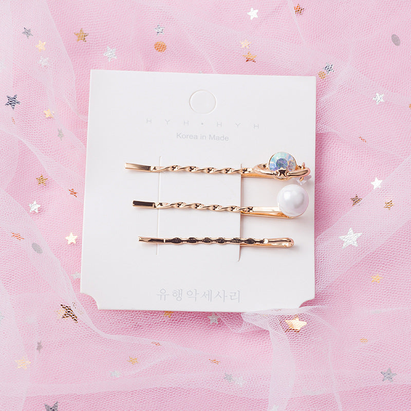 HKM-214099 Three-Piece Set of Geometric Pearl Wave Hairpins in Metal