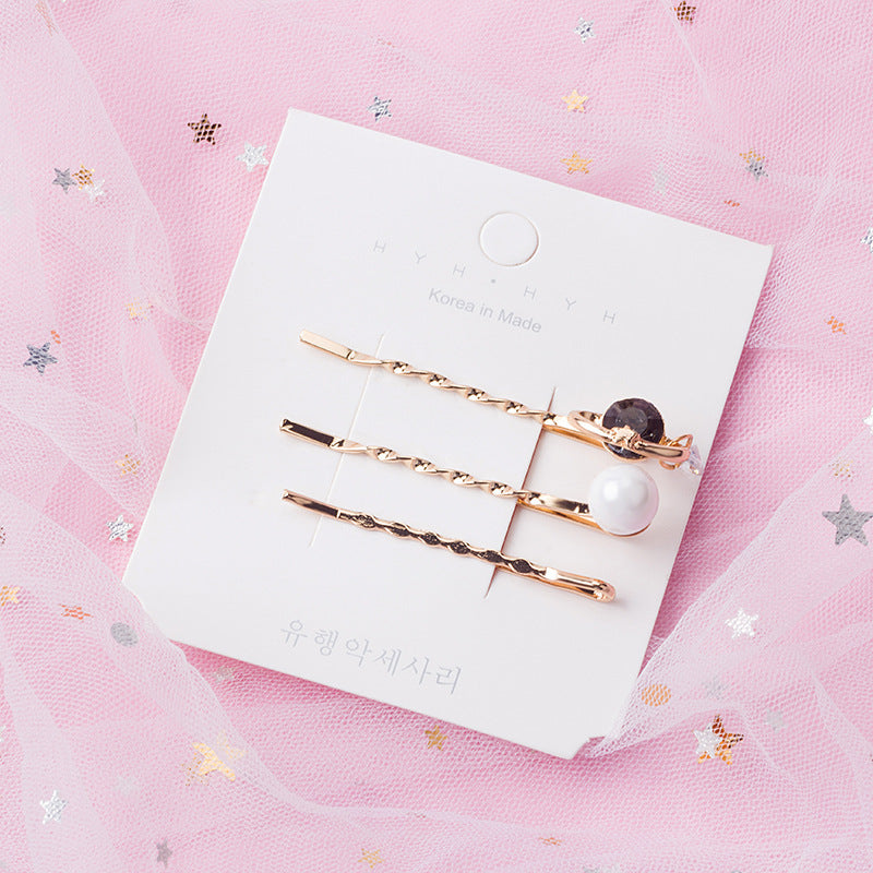 HKM-214099 Three-Piece Set of Geometric Pearl Wave Hairpins in Metal