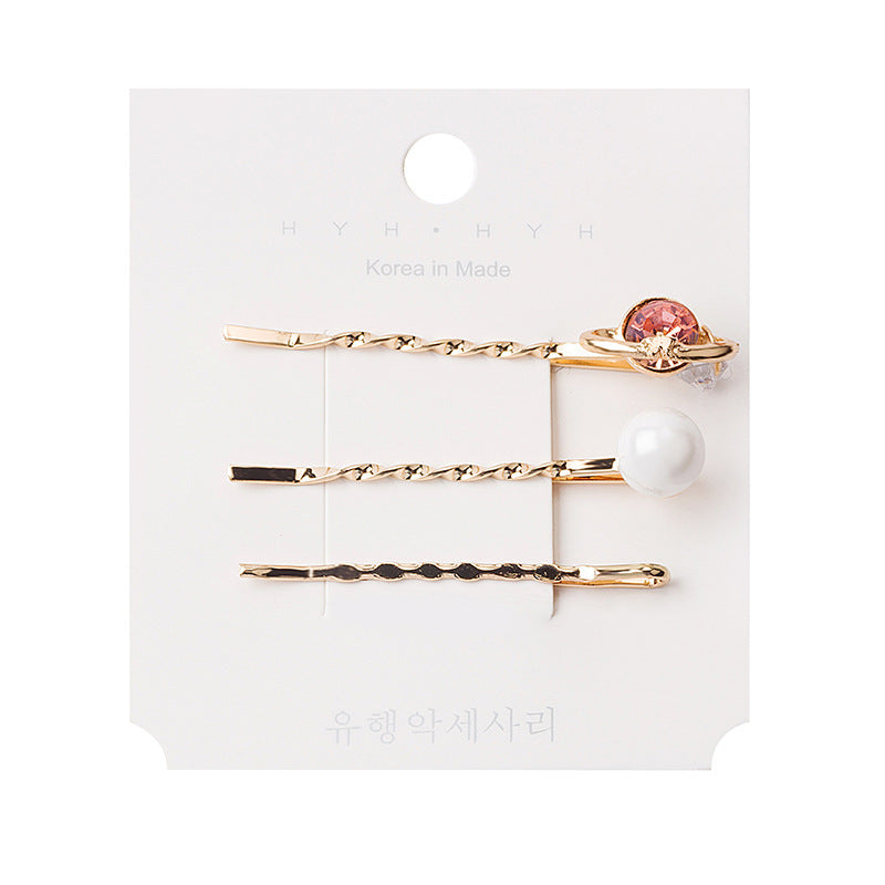 HKM-214099 Three-Piece Set of Geometric Pearl Wave Hairpins in Metal