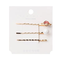HKM-214099 Three-Piece Set of Geometric Pearl Wave Hairpins in Metal