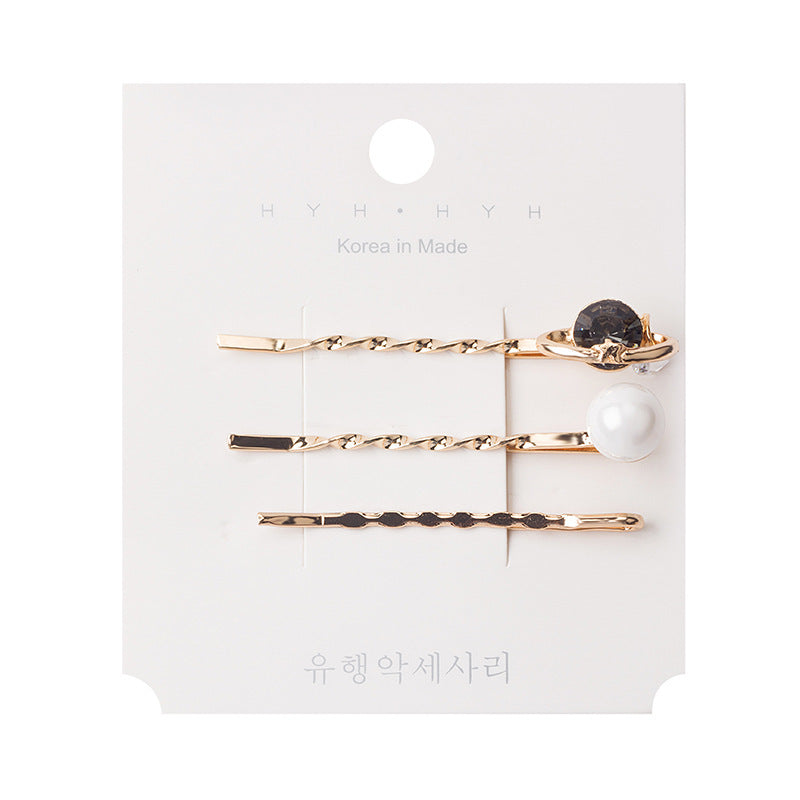 HKM-214099 Three-Piece Set of Geometric Pearl Wave Hairpins in Metal